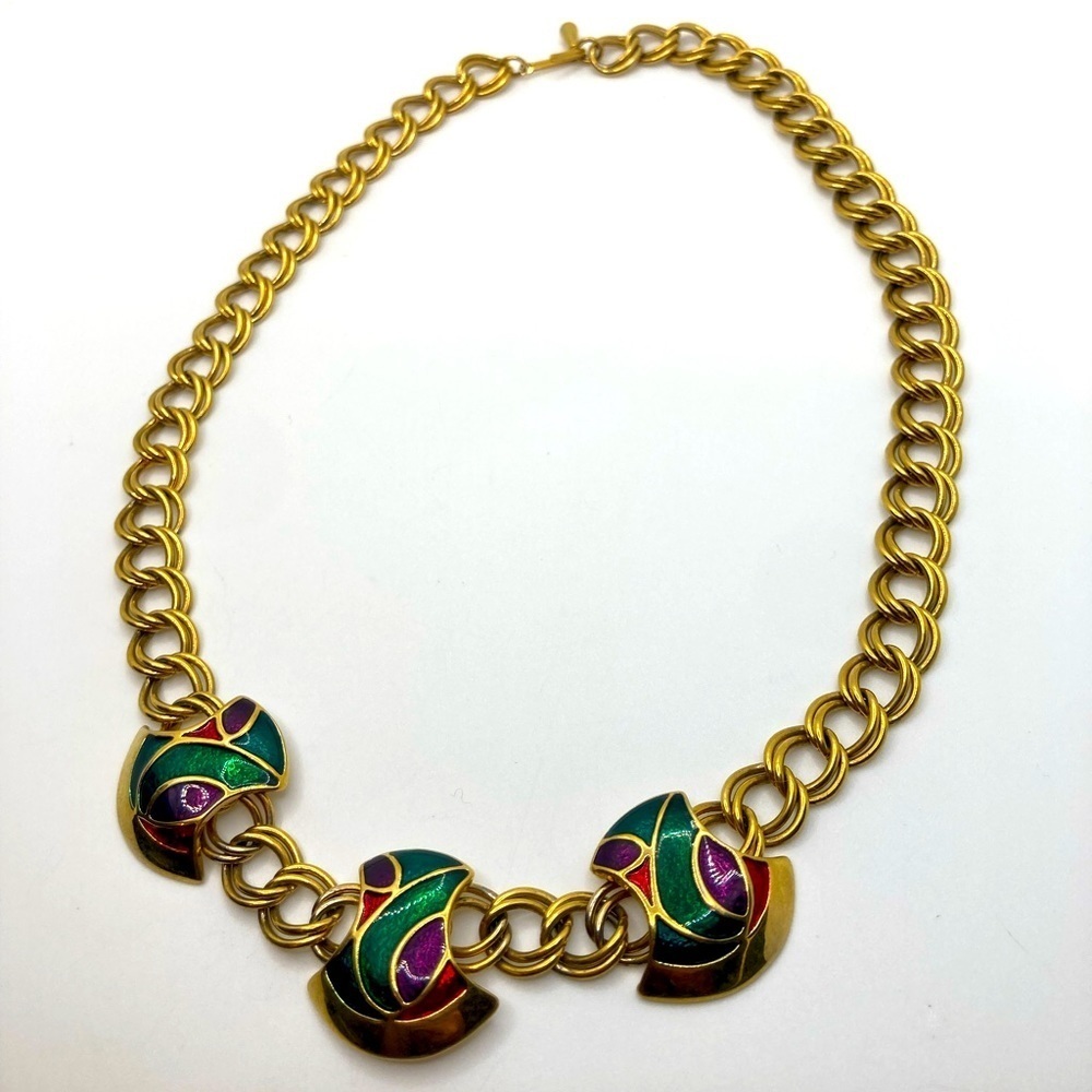 Vtg Gold Tone Metal Purple Green Red Enamel Heavy Costume Necklace 18”